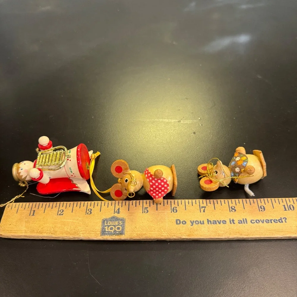Vintage Christmas Ornaments Set of 3 Multicolor Wood Angel Mice Folk Art